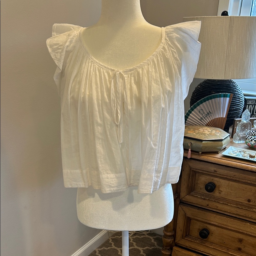 Enza Costa White Ruffle Sleeve Tie-Front Cotton Top